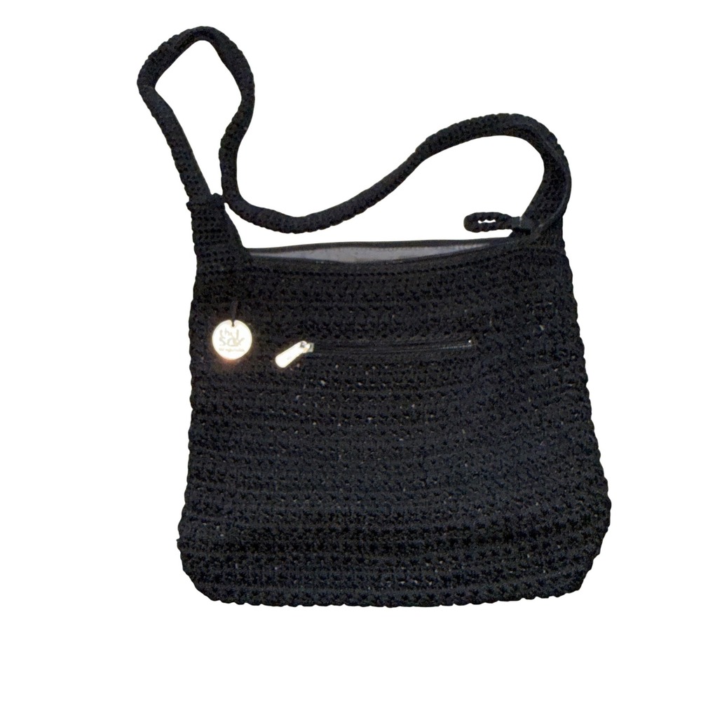 The Sak Crossbody‎ Bag Medium Black Crochet Knit Zip Pocket Boho Originals
